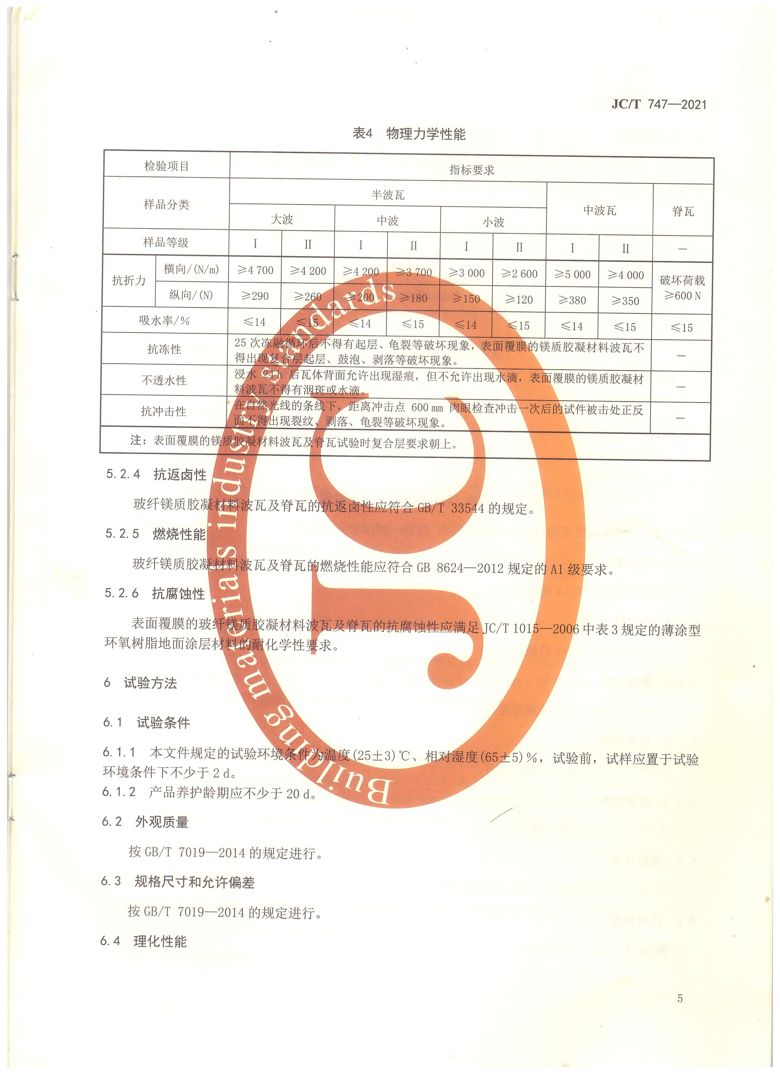 玻纖鎂質膠凝材料波瓦及脊瓦行業(yè)標準JC/T747-2021